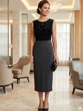 NWT JESSICA Midi Little Black Dress, Flocked Boddess and Jewel Buttons, Size 6